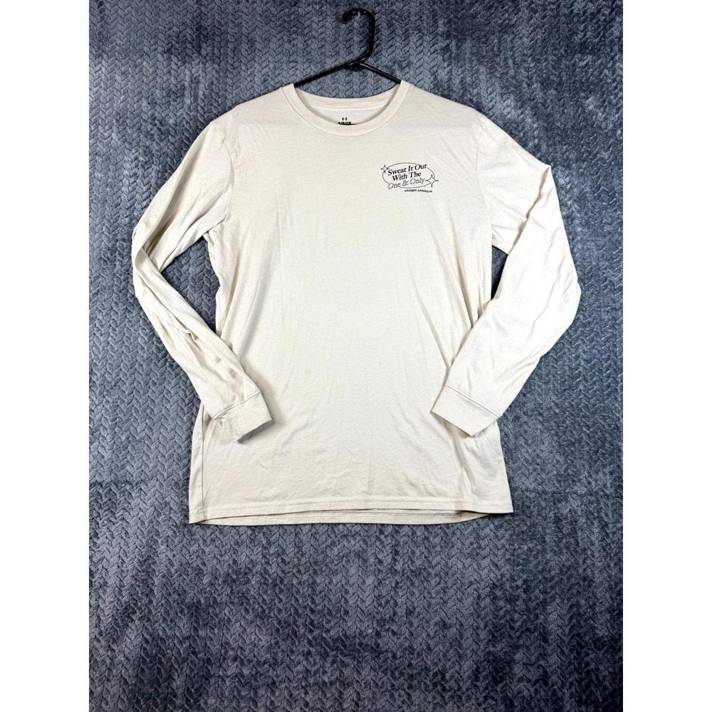 Under Armour Fitness Hour Shirt Mens Small Beige Graphic Print Loose Fit Workout